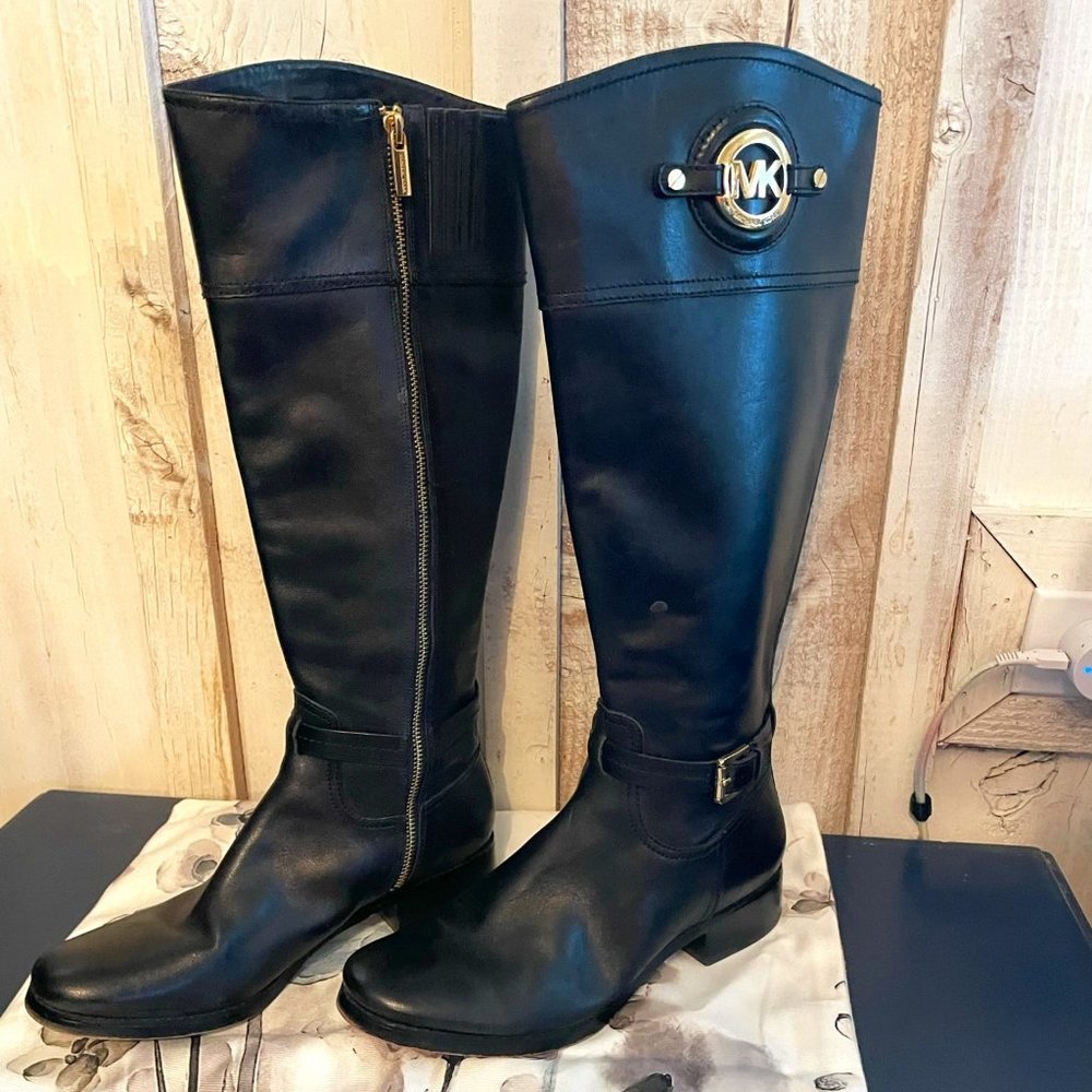 Michael Kors Black Leather tall (below the knee) Gold Accent boots Women size 9